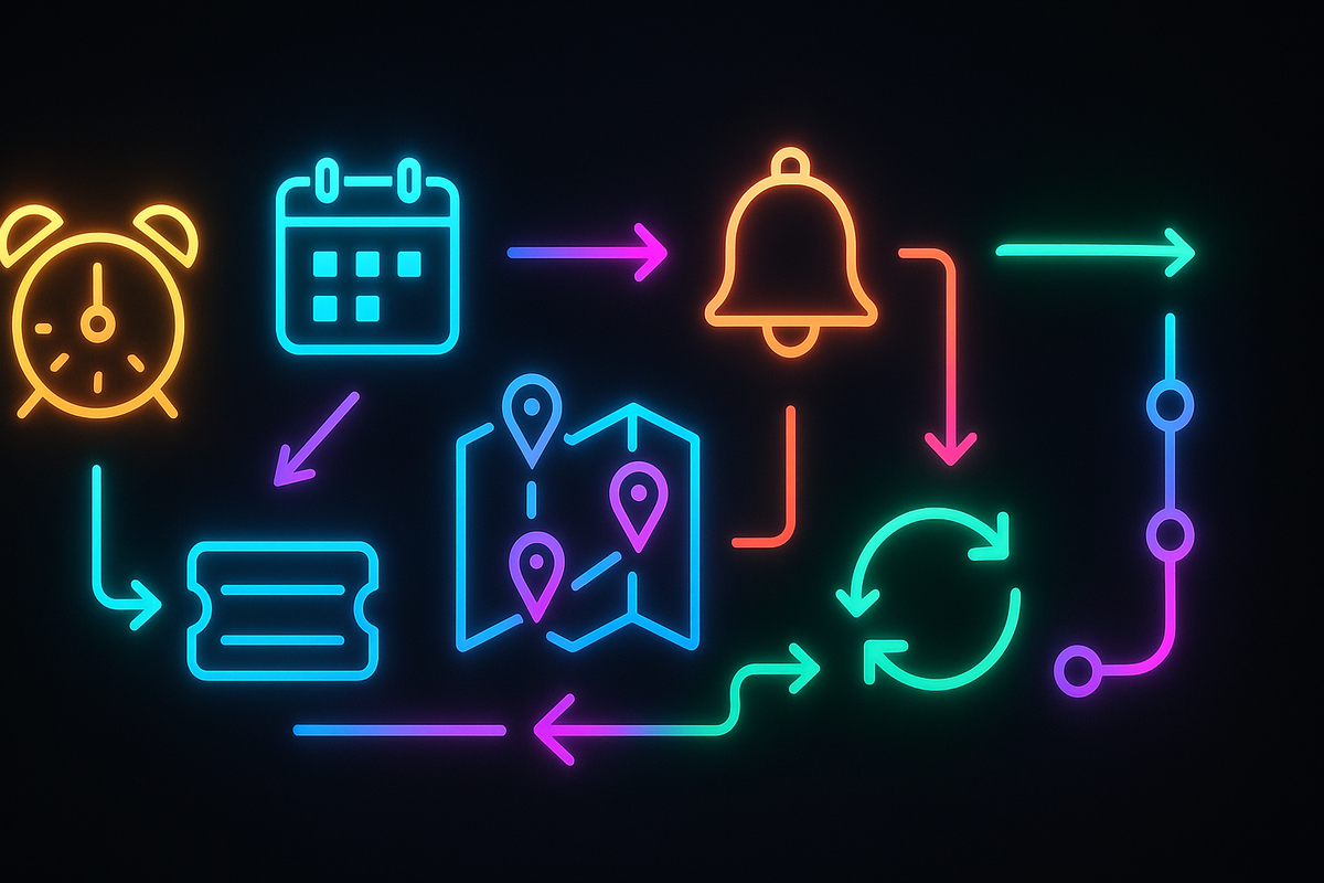 Neon strategy flow—alarm at dawn → calendar → bell alerts → multi-store route map → queue ticket → restock loop—7 pro hacks to secure Yodobashi Switch2 fast, electric gamified energy, decisive momentum