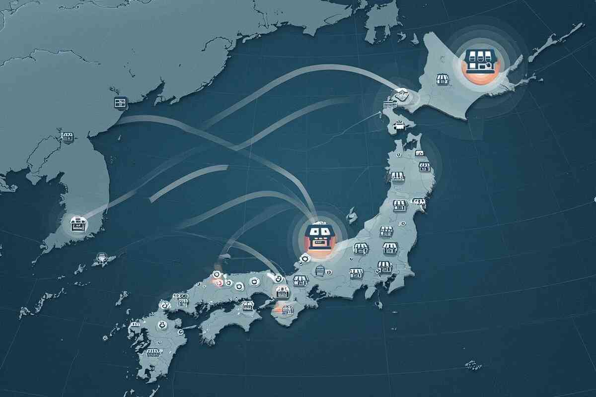 Minimal Japan map with store hubs and travel lines—metro hotspots vs regional low-competition gems for Yodobashi Switch2—smart route planning, calm analytical glow, nationwide perspective, hopeful clarity