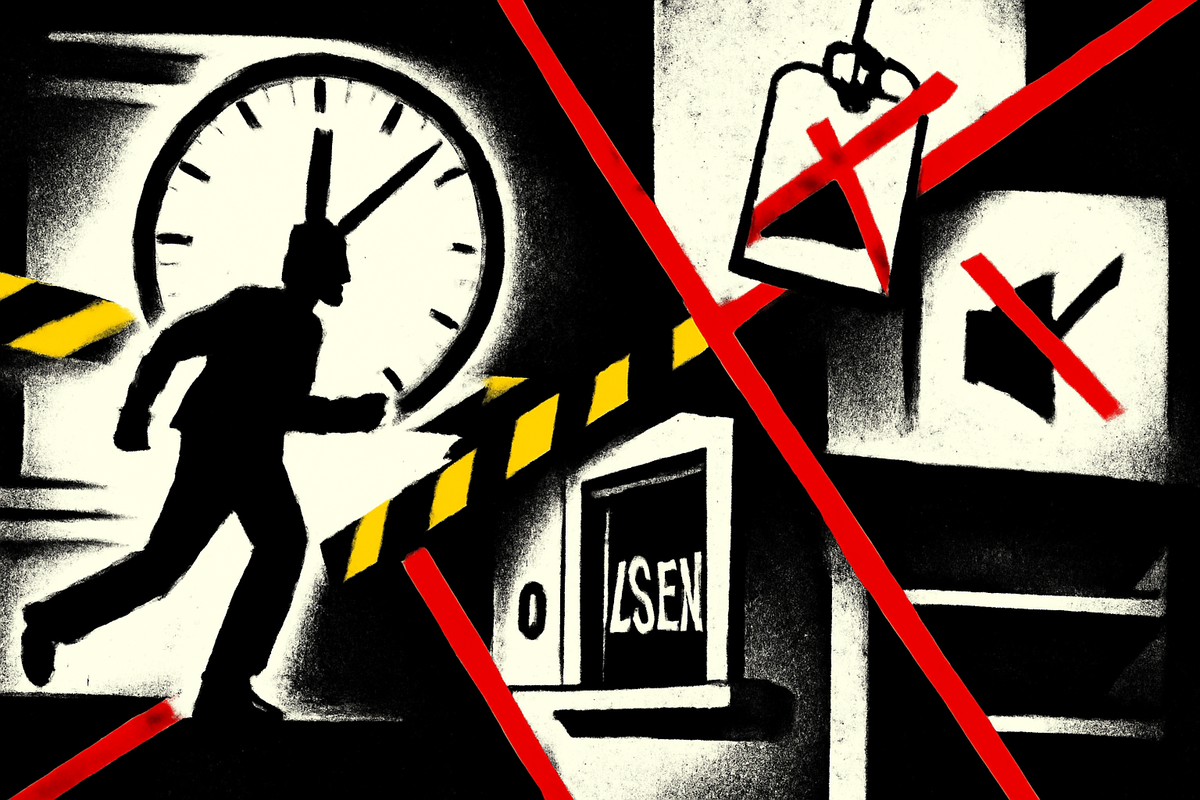 Graphic warning collage—late arrival under a giant clock, crossed-out ID and muted bell, red X over counter—five deadly mistakes when buying Switch2 in store, gritty urgency, high-stakes caution energy