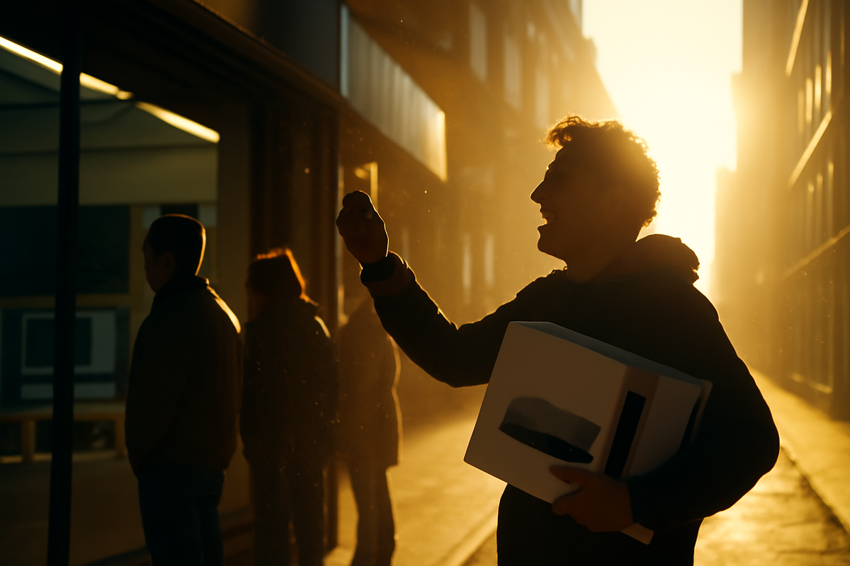 Golden-hour triumph—smiling shopper holding a generic console box after the line—Yodobashi Switch2 success story, warm relief, joyful win, human and cinematic, finally got it