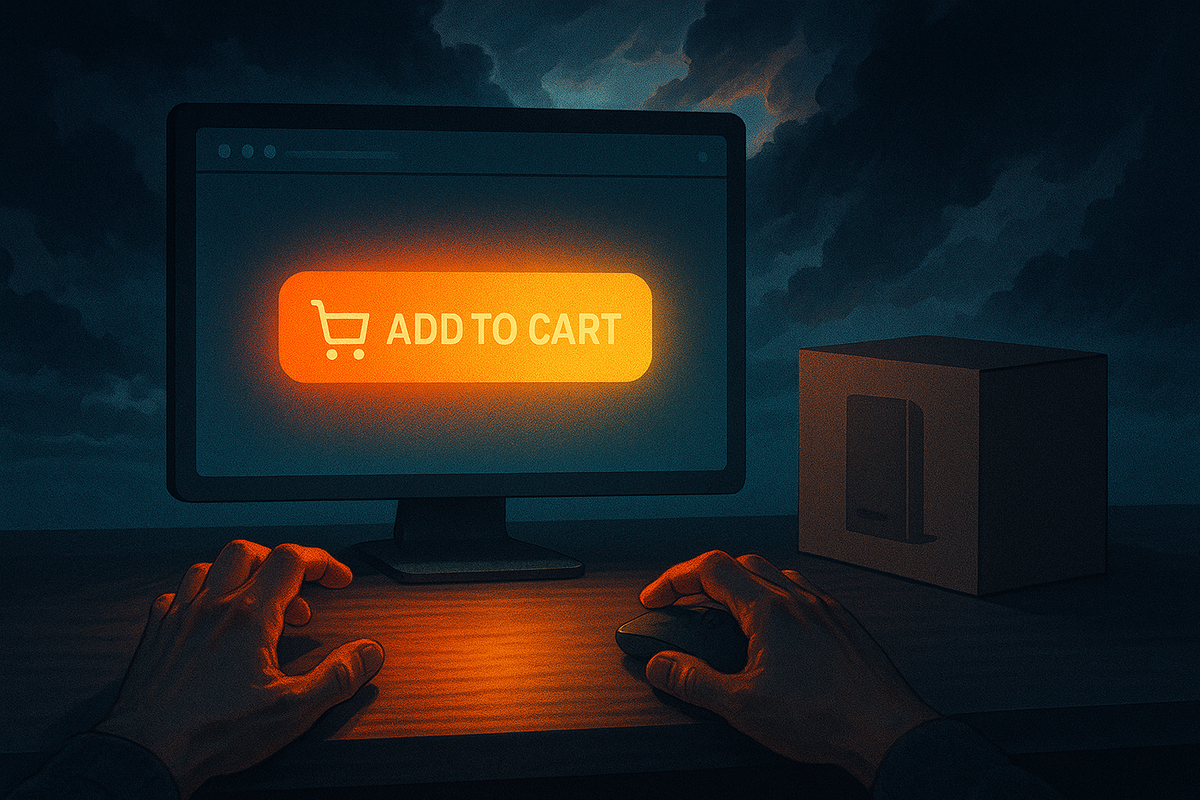 Midnight “ADD TO CART” blazing on a monitor—heart-pounding Rakuten Books Switch2 restock moment, trembling hands, storm clouds parting, MSRP victory one decisive click away, urgent cinematic adrenaline