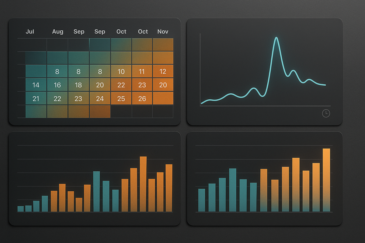 2025 restock analytics dashboard—July–Nov heat-map calendar, spike line for sell-out minutes, weekly frequency bar charts—evidence-driven Rakuten Books Switch2 data, calm authority, crystal clarity