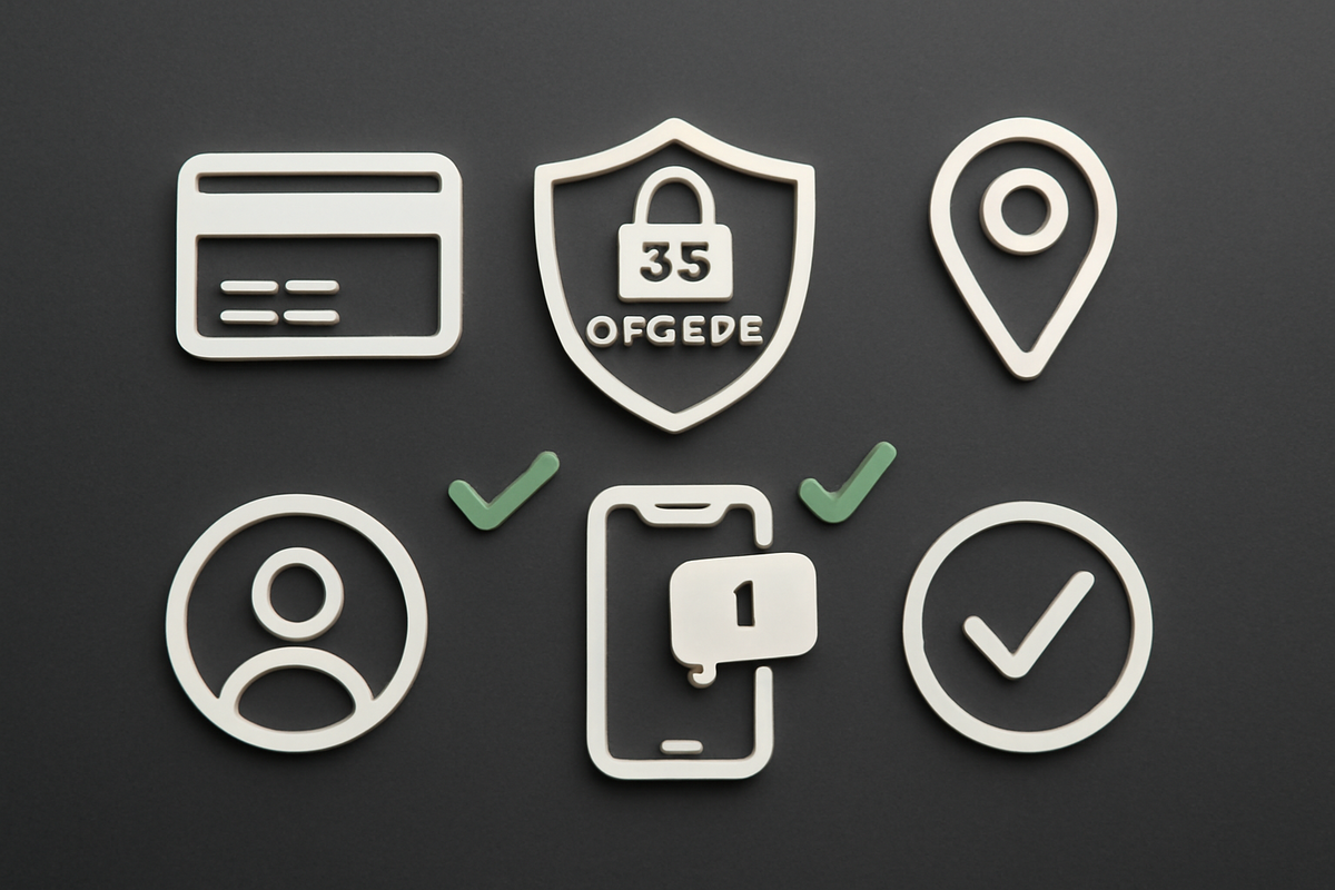 Frictionless checkout checklist—saved card, 3-D Secure shield, fixed address pin, logged-in profile, phone notification with green checks—zero-failure prep for Rakuten Books Switch2, serene confidence