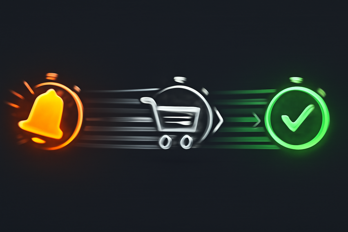 Lightning 10-second flow—alert bell → cart sprint → green check—detect, add, confirm; thrilling speedrun to lock Rakuten Books Switch2 at MSRP, crisp momentum and joyful win