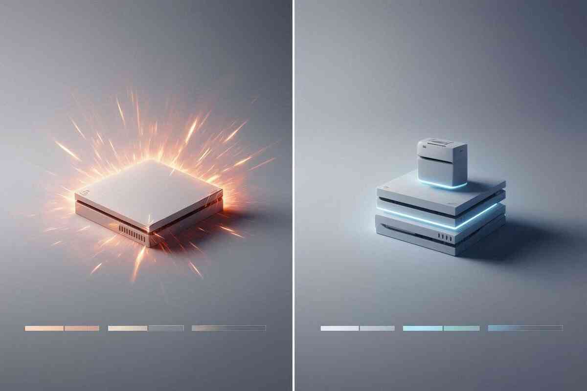 Single unit vs bundle split—solo console box bursting sparks (sells out in a flash) versus layered bundle stack glowing steady—choose bundles to triple your odds, cool decisive minimalism for Switch2 shoppers