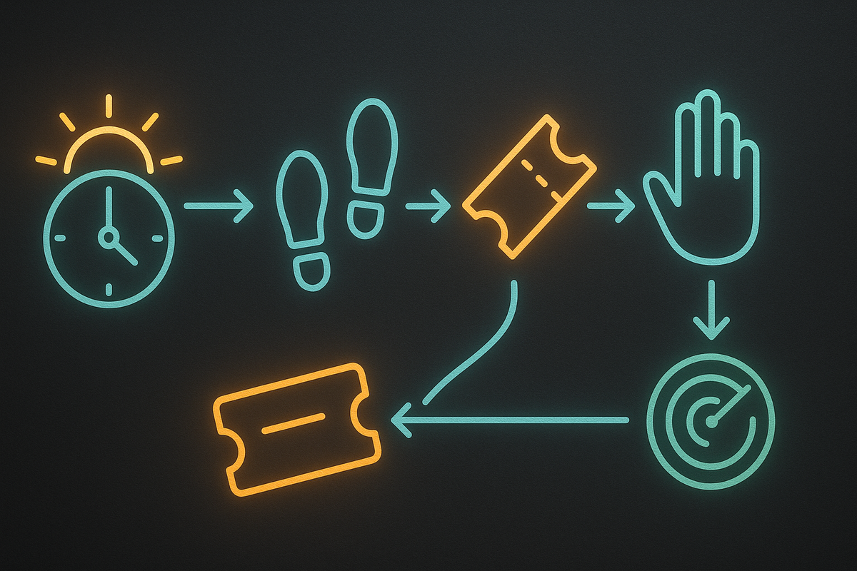 Simple neon flowchart—7:00 sunrise clock → footsteps to line → ticket → “one per person” hand → target—Ito-Yokado Switch2 strategy, fast and actionable, calm confidence