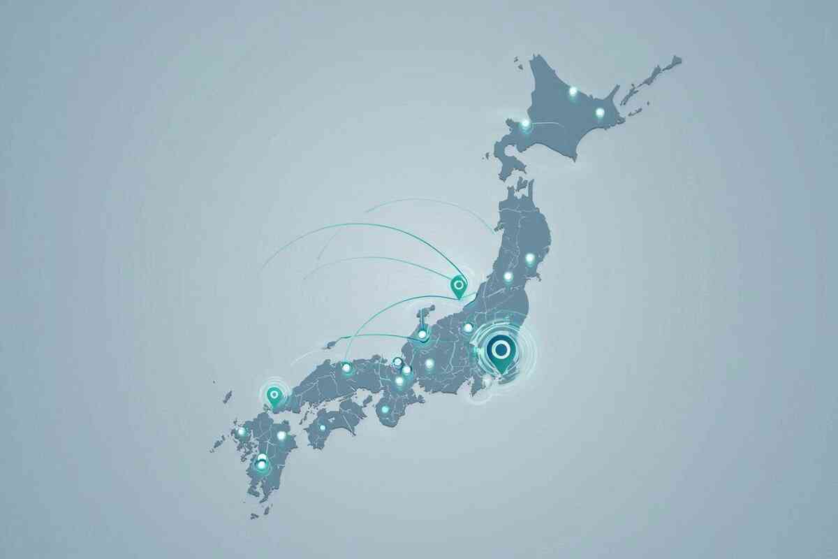 Minimal Japan map with soft glowing pins—regional Ito-Yokado hotspots for Switch2 including metro hubs and quiet low-competition towns—nationwide pulse, data-driven calm