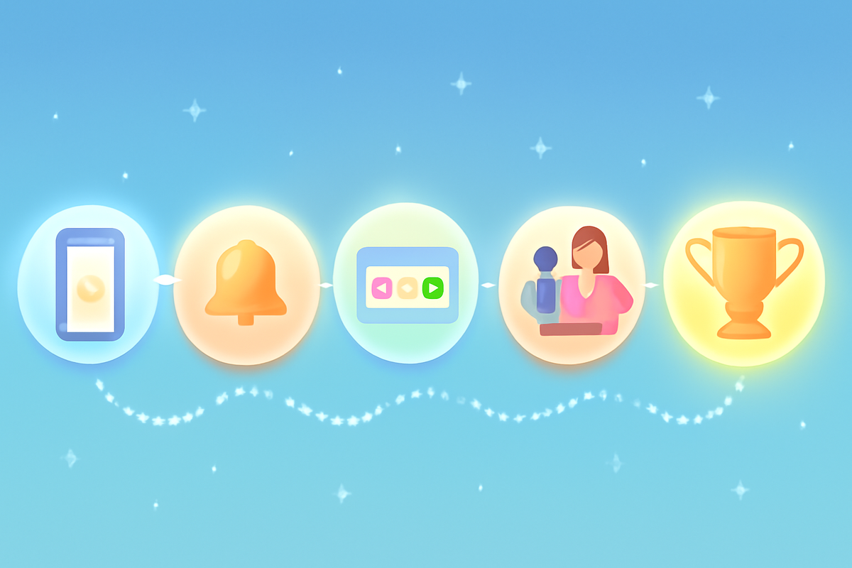 Beginner-friendly success path—phone setup → notifications on → live updates → polite clerk check → golden trophy—gentle, encouraging roadmap to secure Switch2 in store