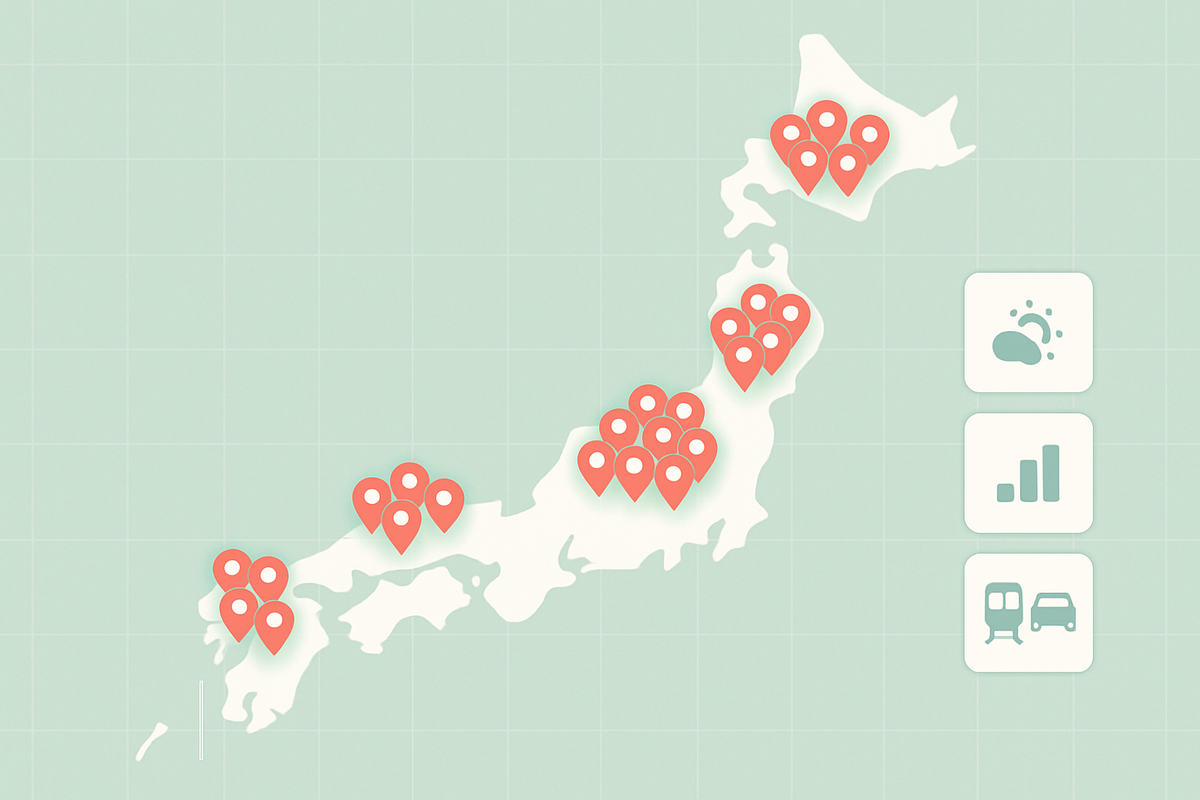 Soft pastel Japan map packed with clustered location pins and side icons for weather, crowd level, and transit—tomorrow’s easiest Switch2 stores at a glance, calm yet empowering