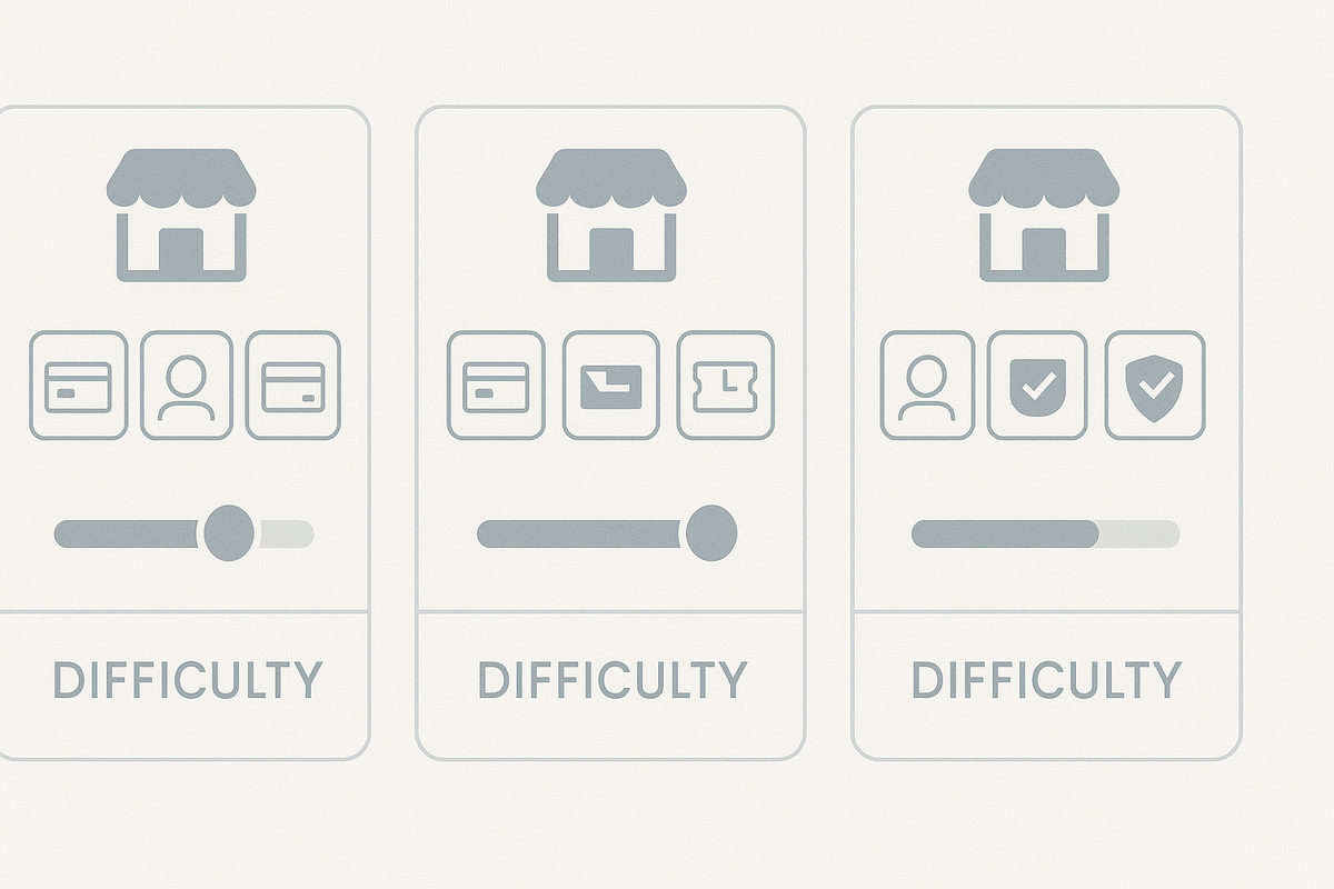 Side-by-side store requirement cards—membership/ID/card/ticket icons with difficulty sliders—calm, transparent comparison to find the easiest Switch2 retailer
