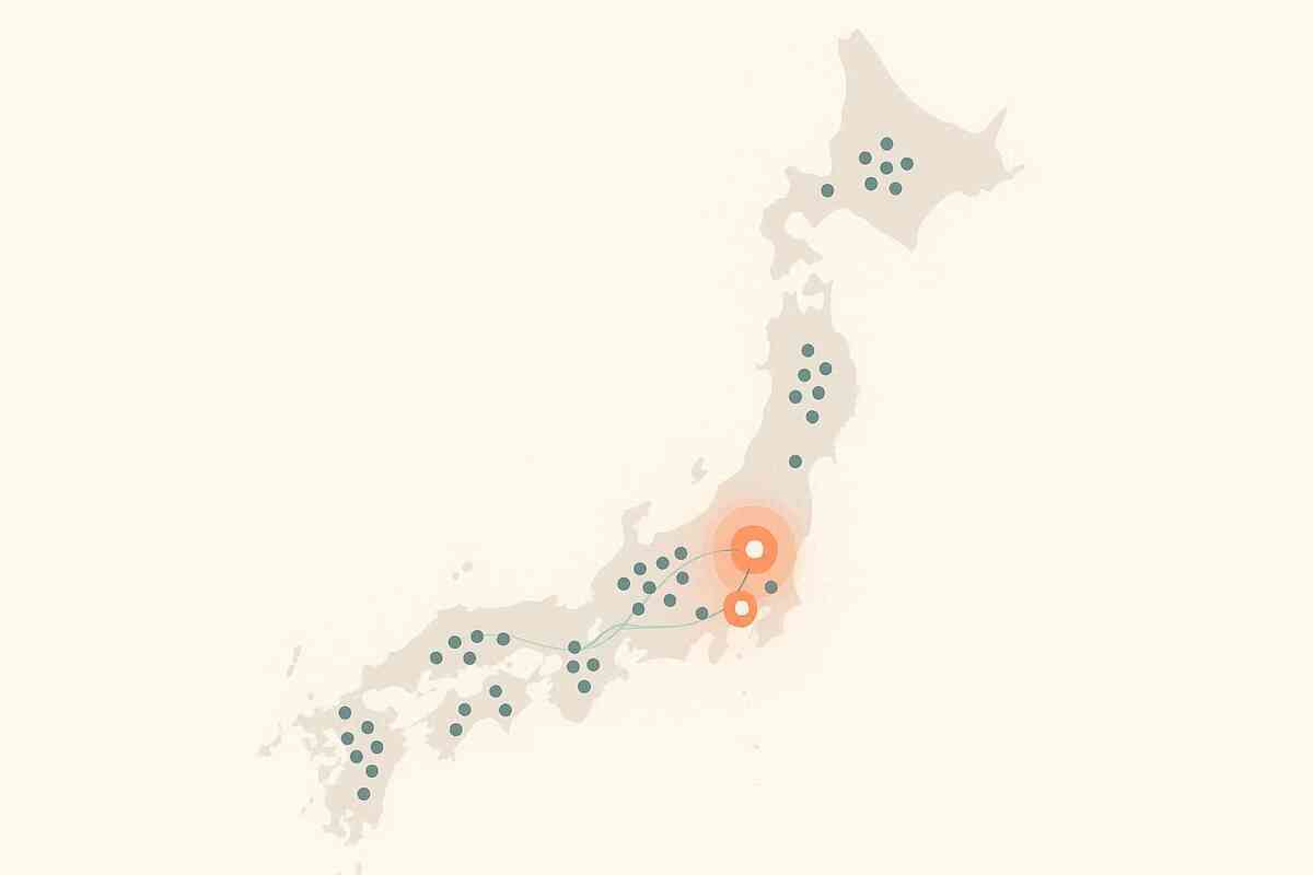 Soft minimalist Japan map with clustered pins and gentle travel lines—regional supply waves from metro hubs—where to go this weekend to buy Switch2 with confidence