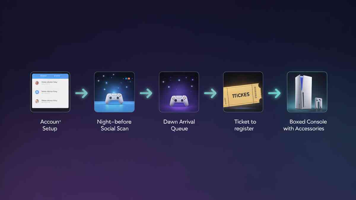 Five-step journey strip—account setup → night-before social scan → dawn queue → ticket in hand → boxed game console with accessories—feel-good, inevitable success arc