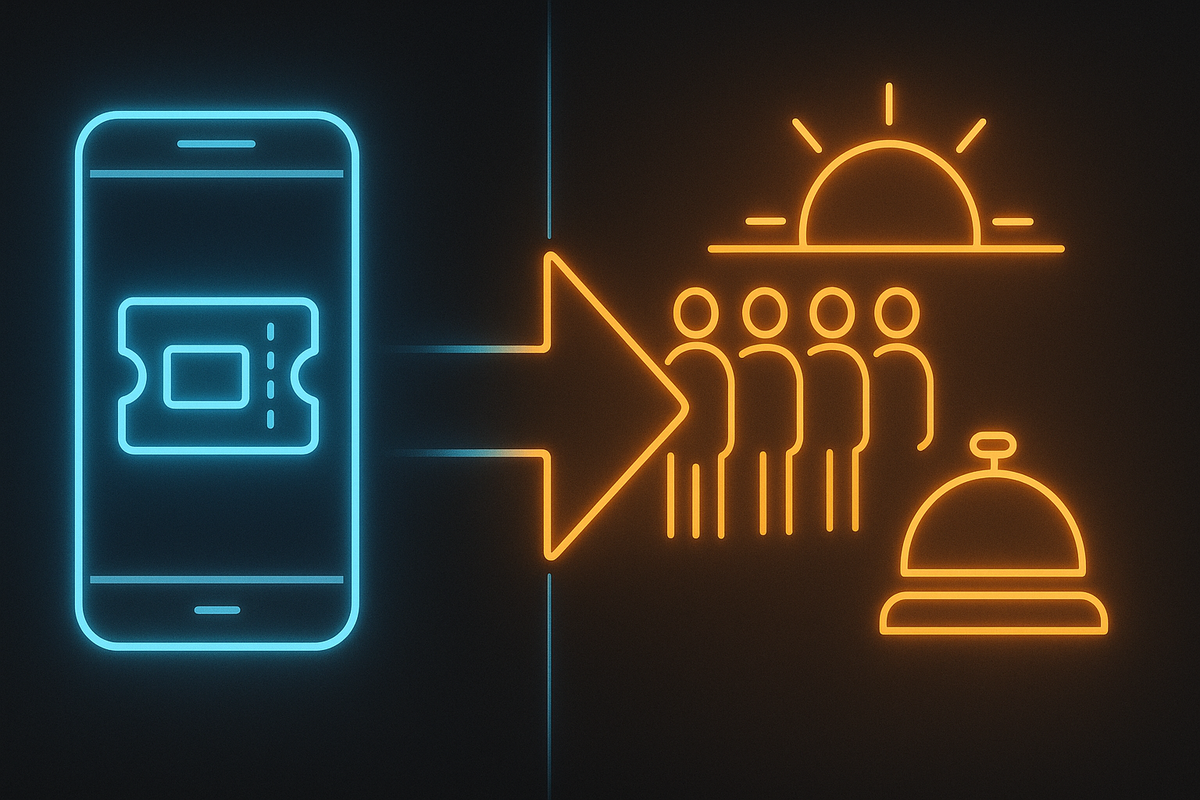 Neon smartphone ticket → bold arrow → dawn queue and service bell—how to jump from app reservation to morning lineup for Switch2, clean step-flow, energetic sunrise optimism