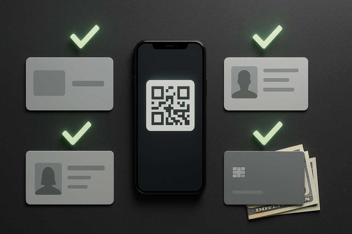 Flat-lay on dark desk: phone with QR code centered, ID cards and payment with green checkmarks—everything you must bring to buy Switch2 in-store, verified and ready, calm yet urgent focus