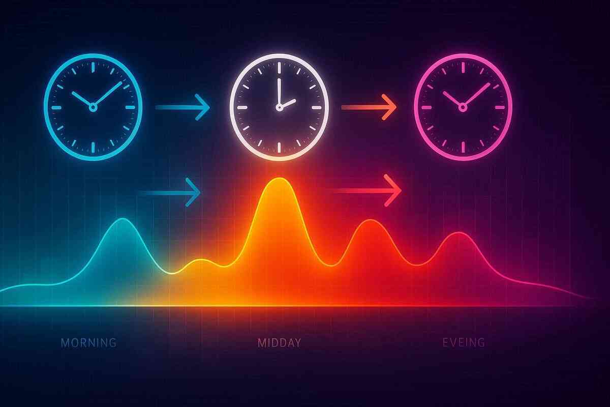 Time-of-day spectrum chart with three clocks—morning → midday peak → evening—data-driven best hours to score Switch2 today, glowing probability waves, actionable and thrilling