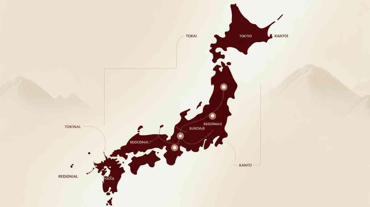 Minimalist cream Japan map with clustered pins across Tokai and Kanto, dotted routes between cities—regional pathfinding to reliable shops, warm travel mood, hopeful “tomorrow I’ll get it” vibe