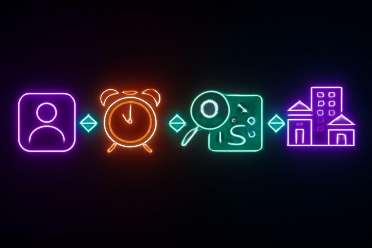 Kinetic neon strip: profile icon → alarm clock → social search lens → store buildings—one-glance roadmap to prep alerts, scan feeds in real time, and head out for Switch2 with confident momentum