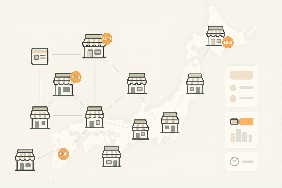 Nationwide shop-network map with “MON” badges—Switch2 Monday store list and schedule at a glance, region-by-region clarity, trustworthy route-planning vibe