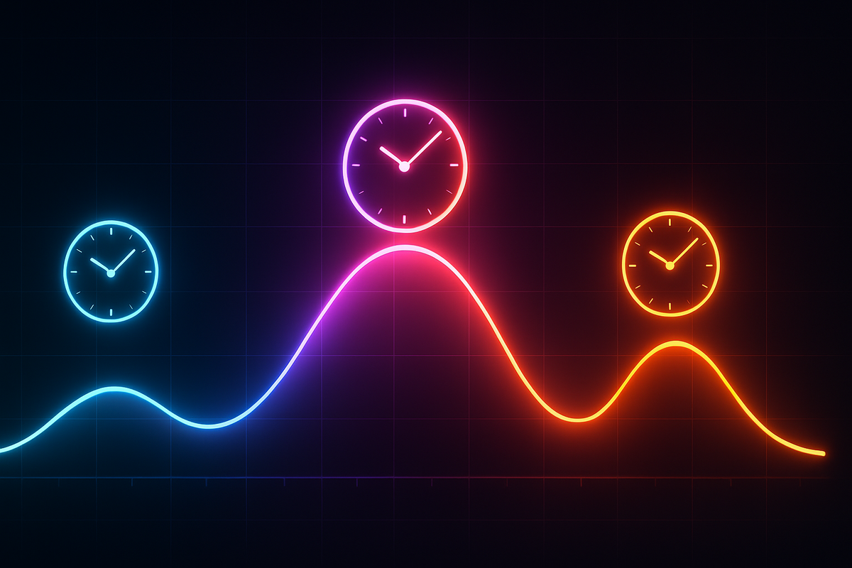Neon time-curve with three clocks—Switch2 Monday golden windows: 10:00–10:30 open, 11:00–12:00 surge, 16:00+ add-on restocks—data-driven urgency and focus