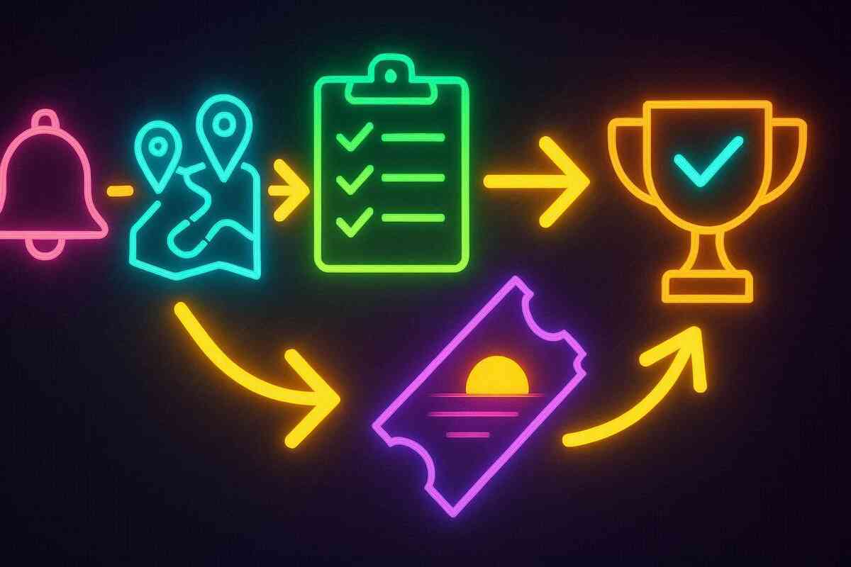 Kinetic neon flow—alert bell → map pins → checklist → trophy, with a sunrise ticket loop—Switch2 Monday win plan: notifications, multi-store route, preparation, victory