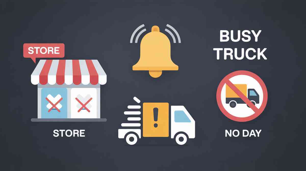 Caution tableau—dimmed storefront with X marks, ringing bell, “busy truck/no delivery day” icons—Switch2 Monday pitfalls to avoid: no-shipment days, false signals, wasted trips