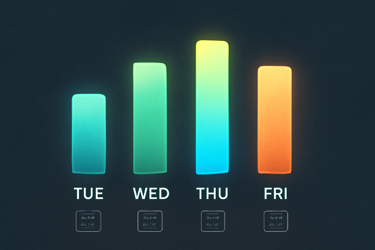 Weekday comparison bars TUE/WED/THU/FRI—Switch2 in-store success peaks midweek while Monday stays a stealth advantage—clear, optimistic benchmark for planning