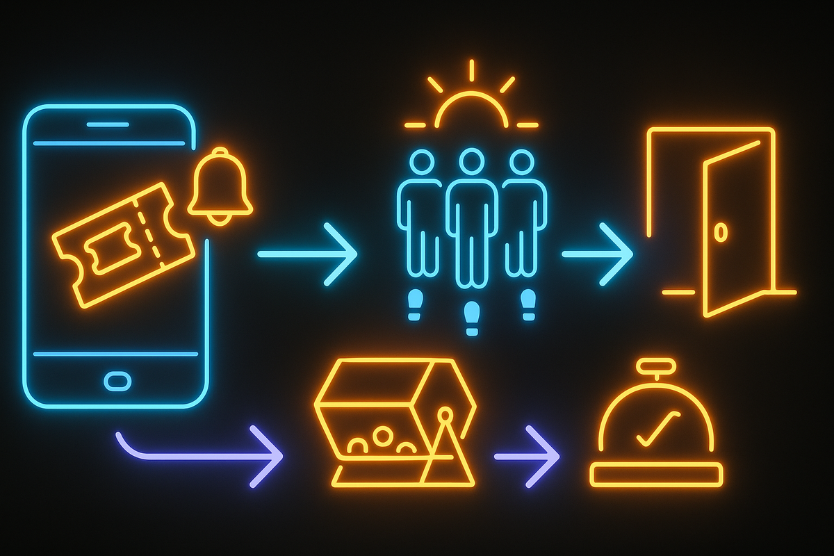 Neon flowchart—app ticket + alert → dawn queue → doors open; lower lane: lottery drum → pickup bell—TSUTAYA-style switch between raffle and first-come sales, urgent win-now momentum