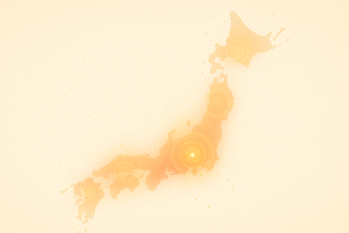 Soft cream Japan heatmap with radiant circles—where Switch2 “I bought it” reports cluster by region, gentle confetti glow, calm confidence that today is the day