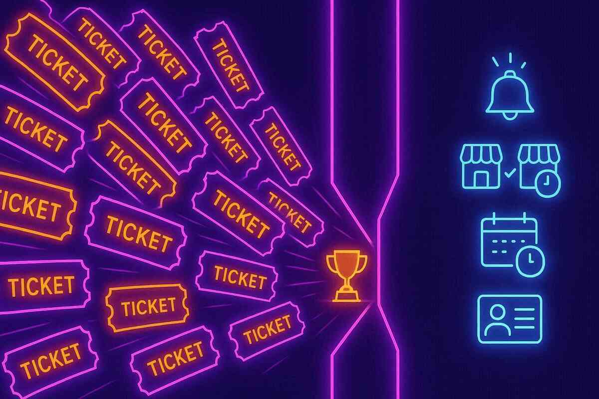 Wall of neon TICKETs funneled toward a trophy—raise TSUTAYA lottery odds with alerts, right store & timing, calendar discipline, ID ready—thrilling chance meets smart prep