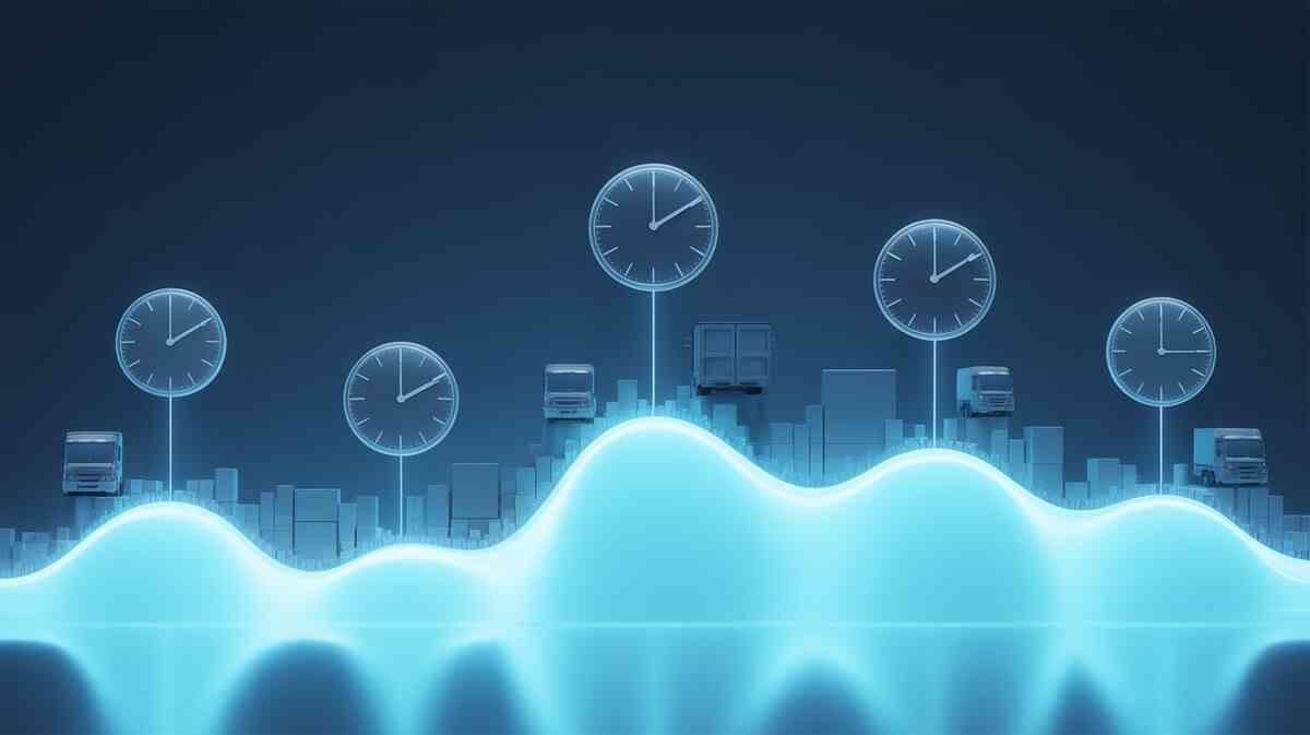 Futuristic city timeline with clocks and delivery trucks riding a wave—daily restock rhythm for Switch2: morning drops, midday surges, late-day bumps—cool, data-driven calm