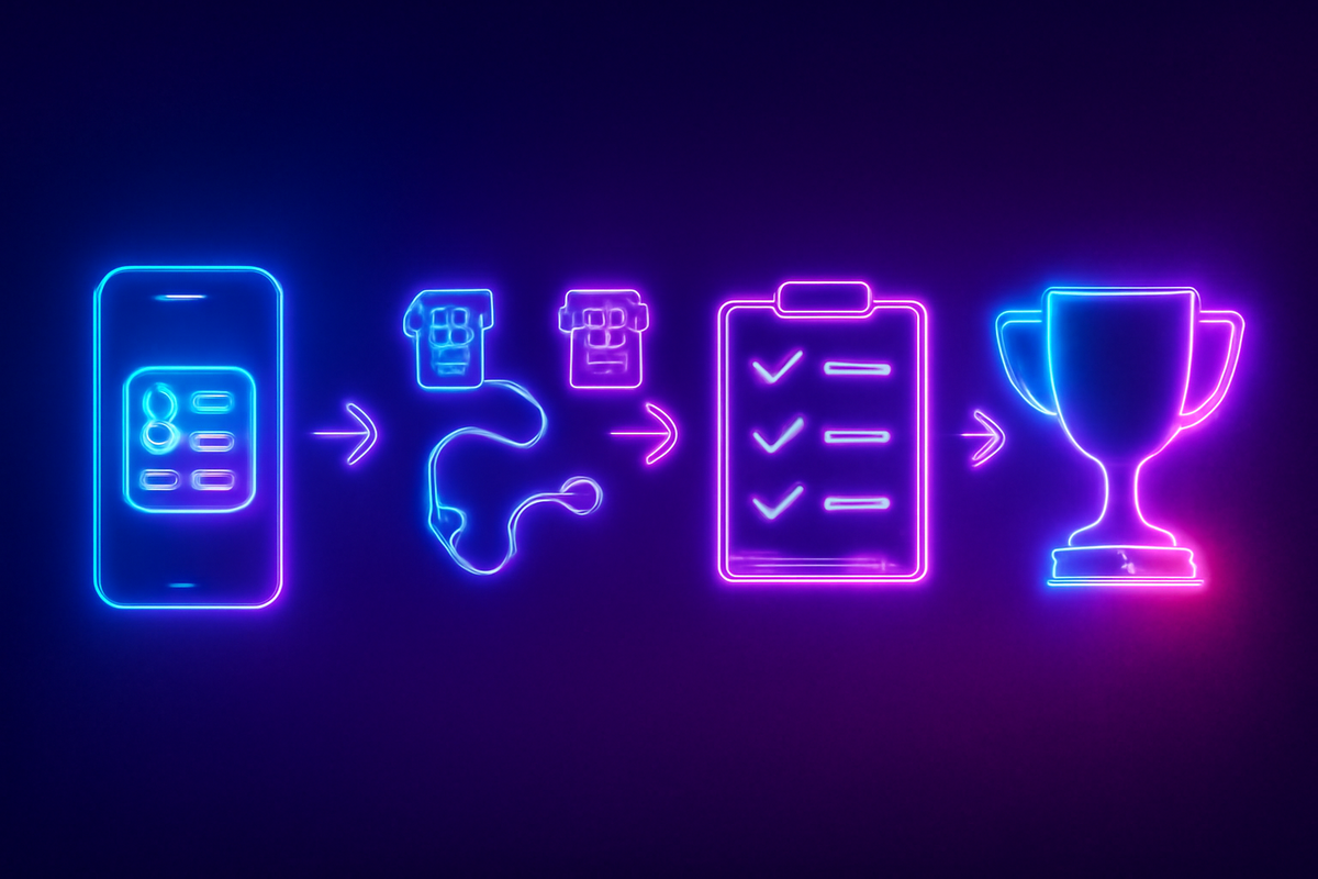 Kinetic neon roadmap—install app → multi-store route → checklist complete → trophy—five-step strategy to secure Switch2 fast, focused, and victorious
