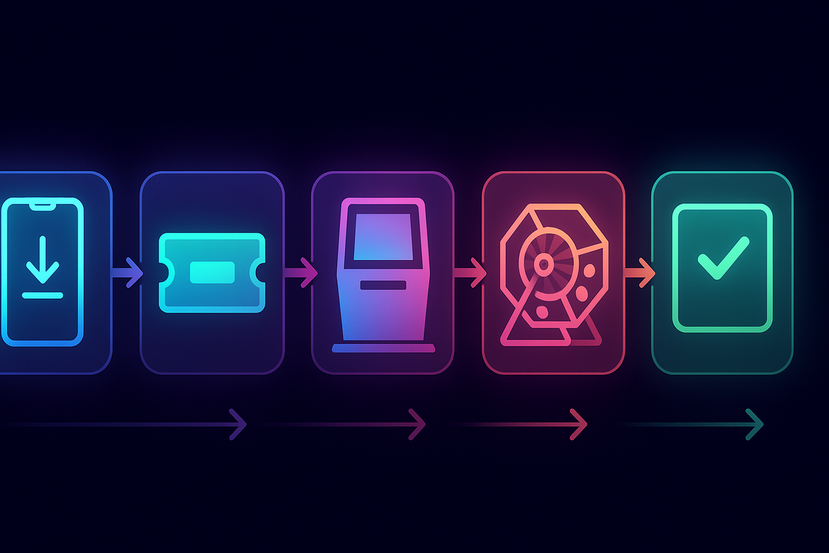 Clean step-by-step lottery flow—app download → digital ticket → in-store kiosk → raffle drum → result check—glowing gradient tiles, crystal clarity, gentle anticipation rising to joyful confirmation