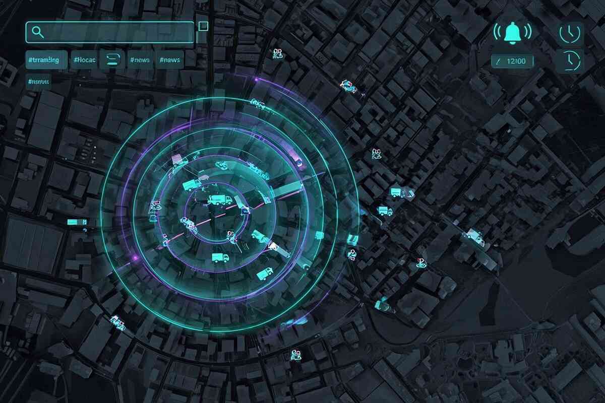 Live restock radar over a city map—concentric waves, bell icon, tagged search bar, tiny trucks and stores lighting up—real-time alerts for nearby Switch2 drops, electric suspense meets precise navigation