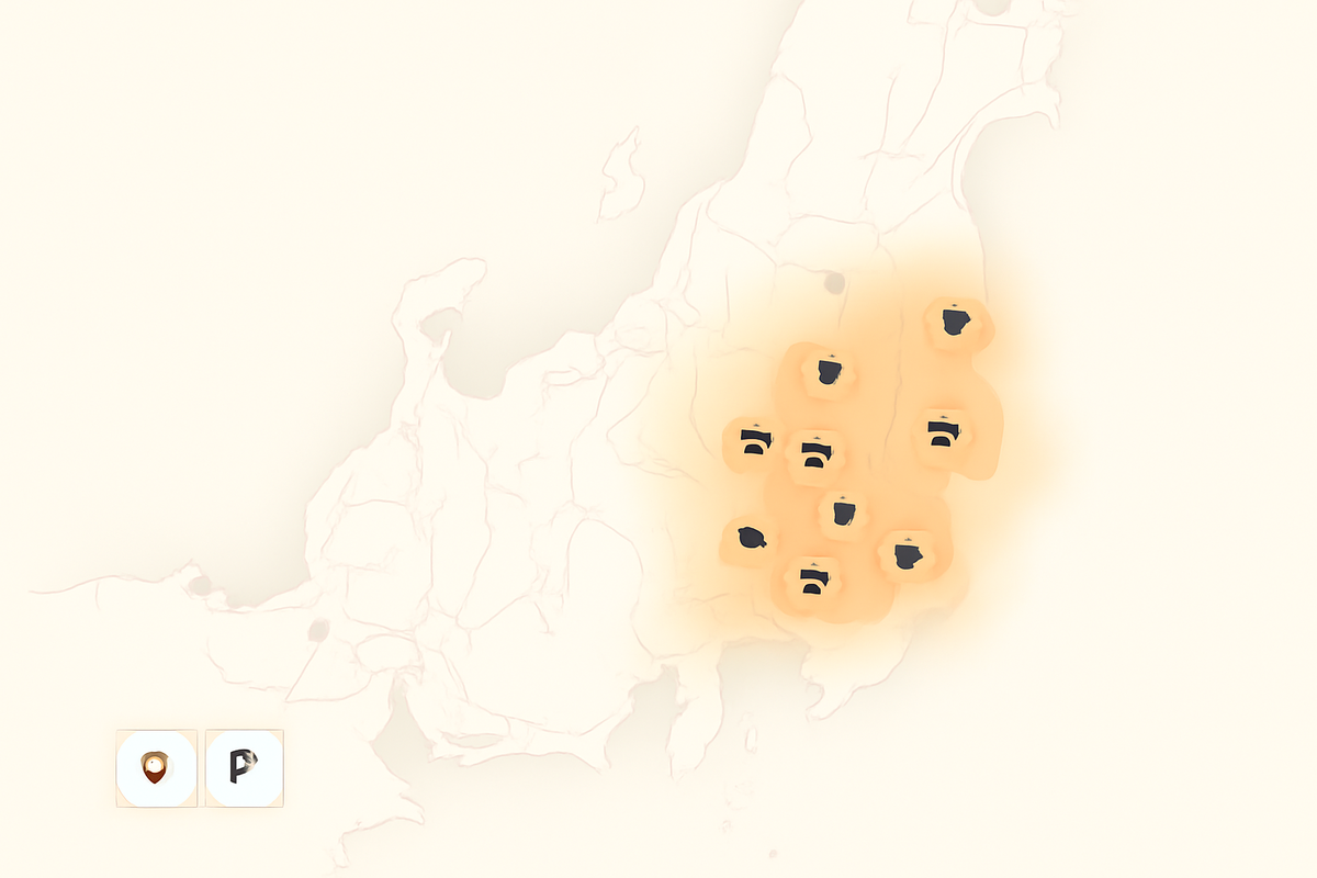 Minimalist Japan map with warm Kanto heat-halo—clustered mall markers, gentle parking/pin buttons—quiet morning hope, where in-person Switch2 stock tends to appear, serene yet urgent to visit now