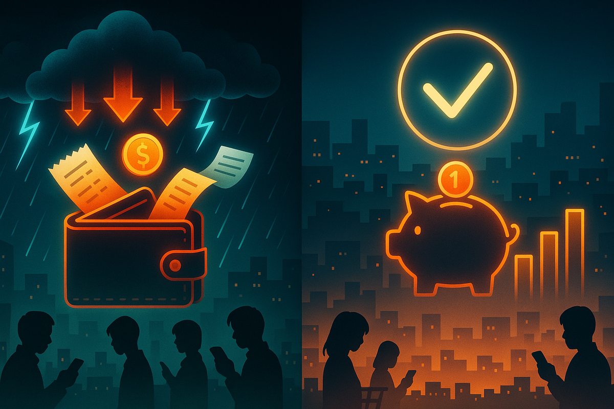 Cost-storm vs savings glow—iPhone 17 buying mistakes raining hidden fees on a wallet vs calm piggy-bank win with a green check—urgent city-night energy, choose the smart path