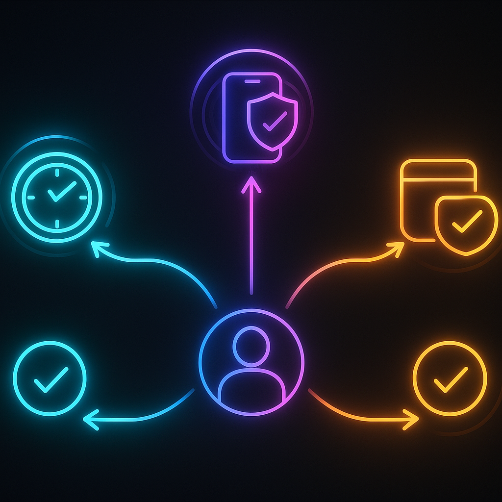Neon decision flow around you—timing clock, secure phone plan, wallet checklist—pick your best route (2-year plan, SIM-free, points play) to a stress-free iPhone 17 purchase
