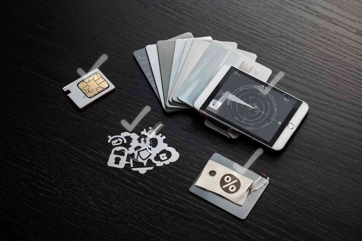 Realistic flat-lay checklist—SIM/eSIM tray, ID cards, smartphone, security icons, discount tag—calm prep vibes for a smooth, confident iPhone 17 upgrade with no surprises
