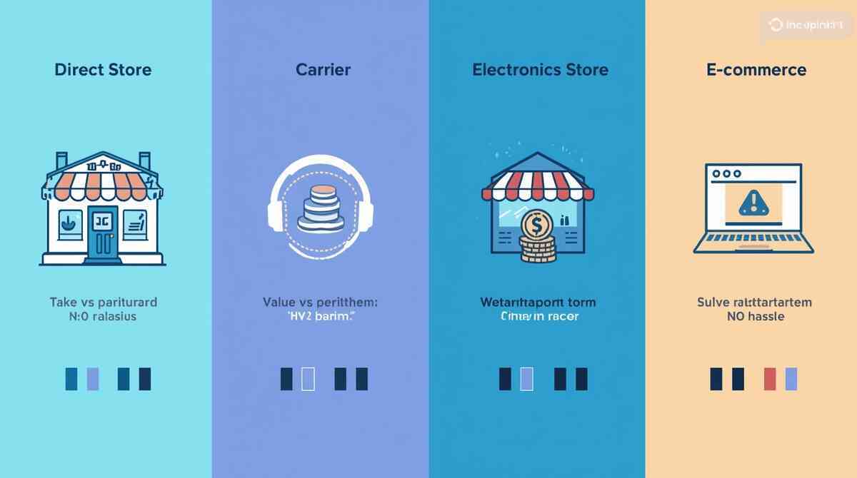 Four-column pros & cons board—Direct Store vs Carrier vs Electronics vs Online—value, risk, convenience bars—clear, trustworthy guide to where to buy iPhone 17