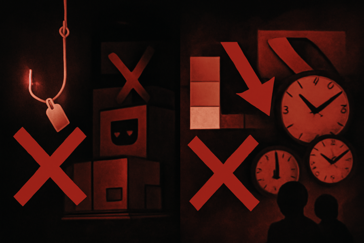 Red caution montage—bait pricing hook, shady box stacks, bad-timing clocks, giant X marks—avoid the top five iPhone 17 traps now; protect your money with fearless clarity