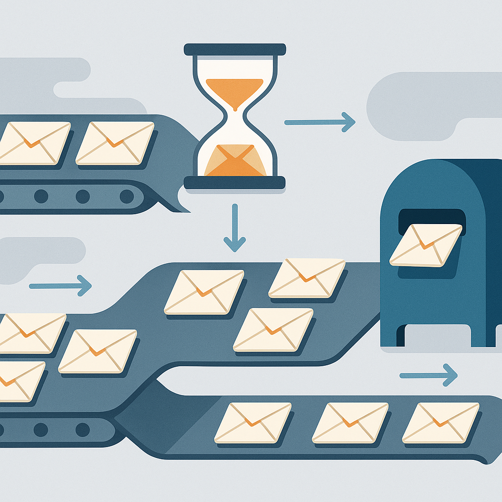 Mail conveyor with an hourglass gating batches into a mailbox—how Amazon’s invite system trickles out Switch 2 emails—clear step-by-step flow, calmly analytical, reassuring momentum