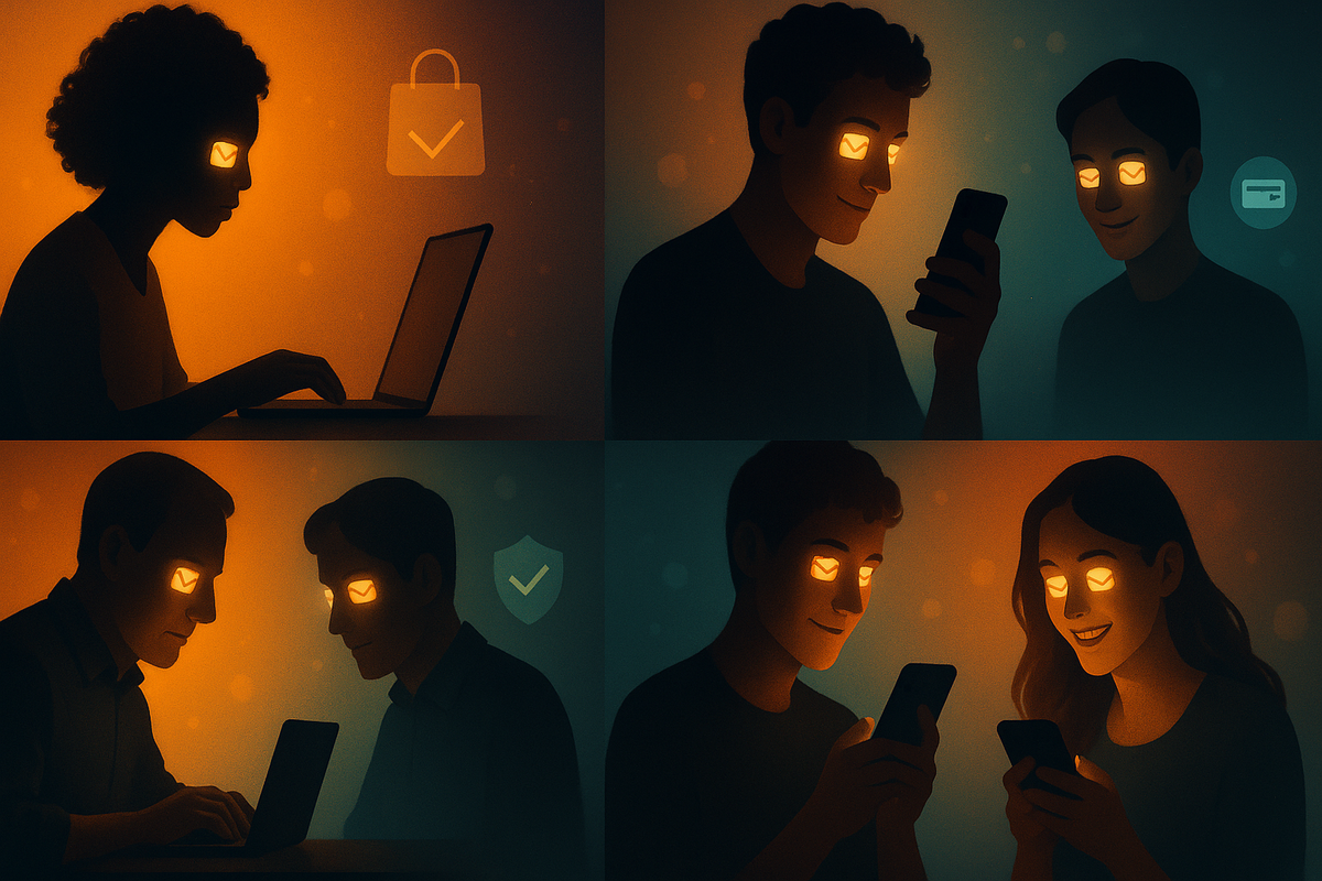 Four candid scenes of people on laptop and phones, envelope-shaped glow in their eyes—real Amazon Switch 2 invite reactions from tense waiting to joyful relief—human, warm, shareable energy