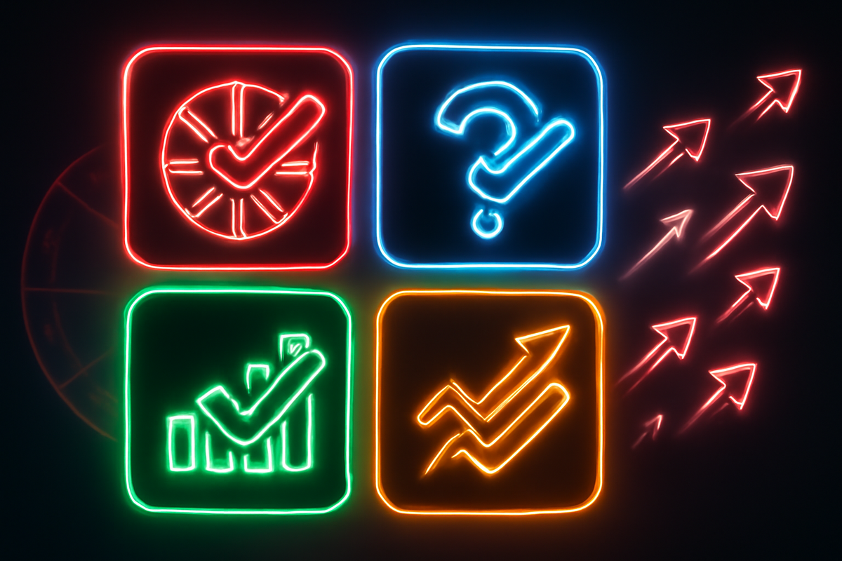 Neon checklist tiles with check marks, stats, and up-arrows—strategy to double your Amazon Switch 2 invite odds: multiple requests, timing, FAQs—electric, decisive, growth-forward mood