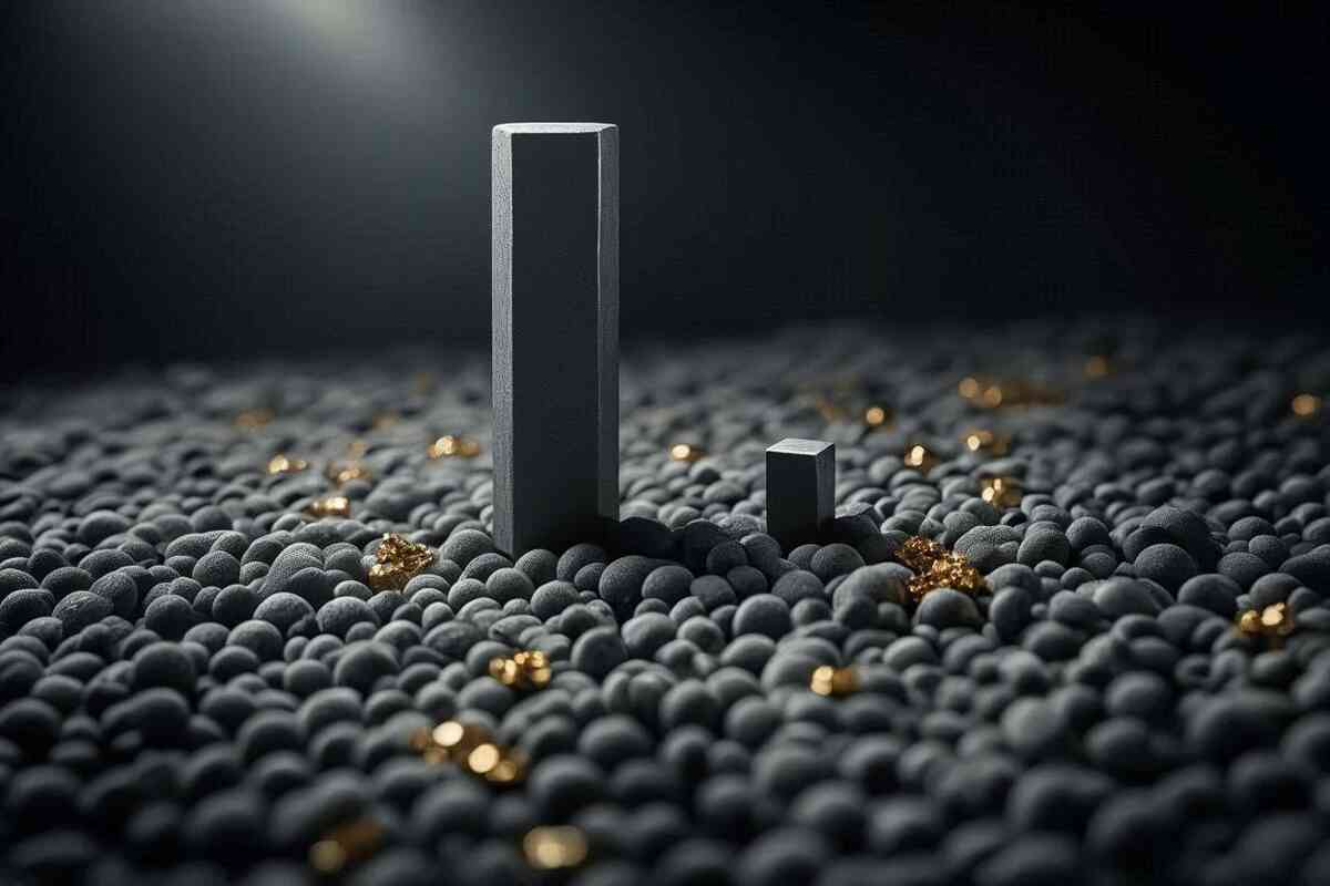 Minimal bar chart rising from dark pebbles with rare gold flecks—brutal odds of an Amazon Switch 2 invite under 1% vs massive demand—sober, dramatic reality check with a hopeful glimmer