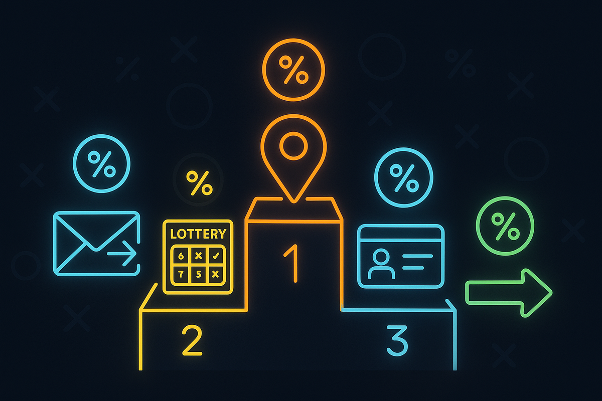 Neon podium ranking the ways to buy: in-store drop at #1, invite email and lottery side by side, ID/conditions tile at #3 with floating % signs—Switch2 acquisition methods at a glance, decisive and game-on vibe