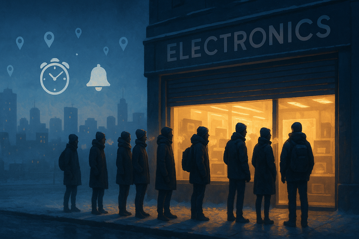 Cold dawn outside an unbranded electronics store, warm light spilling as a tight line of shoppers waits; alarm clock, bell, and map pins hover—Switch2 guerrilla drop hunt, urgent breath-in-the-air tension with hopeful glow