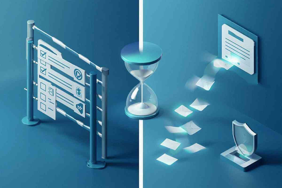 Dual-panel invite mastery: requirement checklist gate, central hourglass for a 48-hour window, application form shooting envelopes into a shielded inbox—Switch2 MyNintendo & Amazon invitation flow, clear, trustworthy, calm-control mood