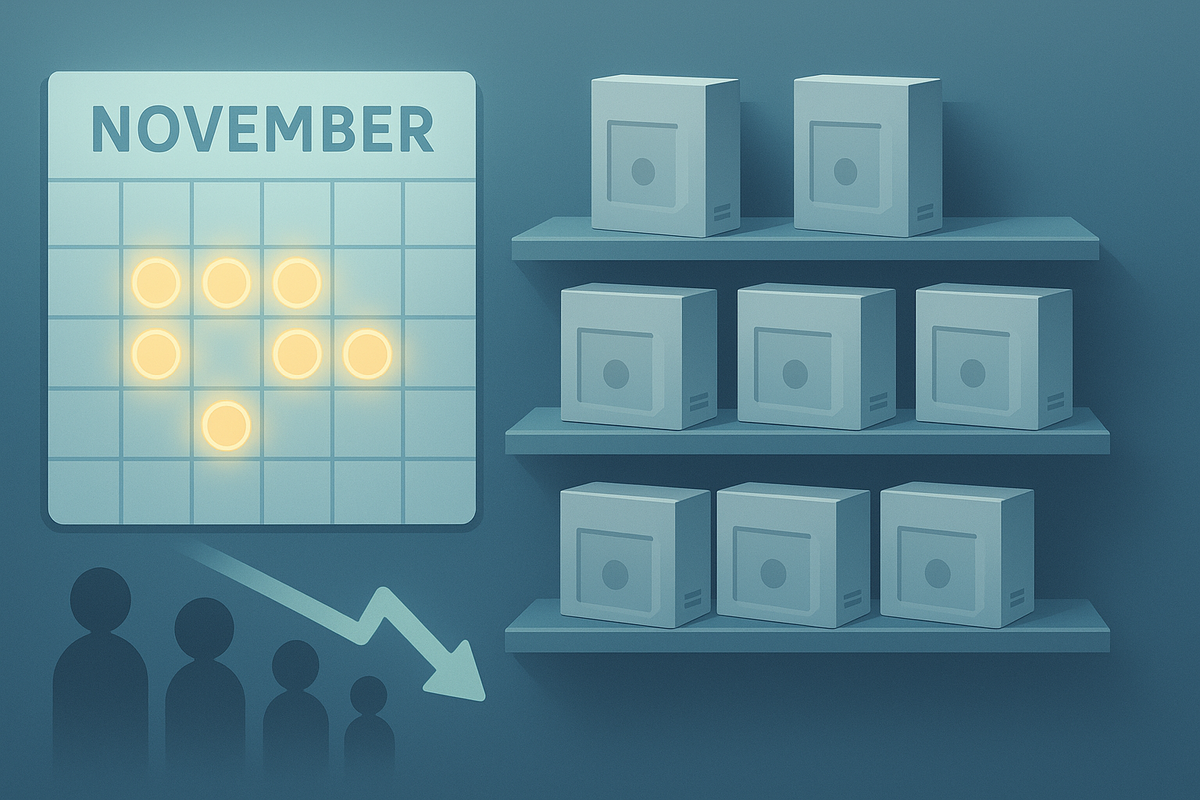 November restock pattern—calendar cells lighting up toward fuller shelves as the waiting line shrinks—Switch2 stock rising at COMG, relief and momentum, quietly thrilling