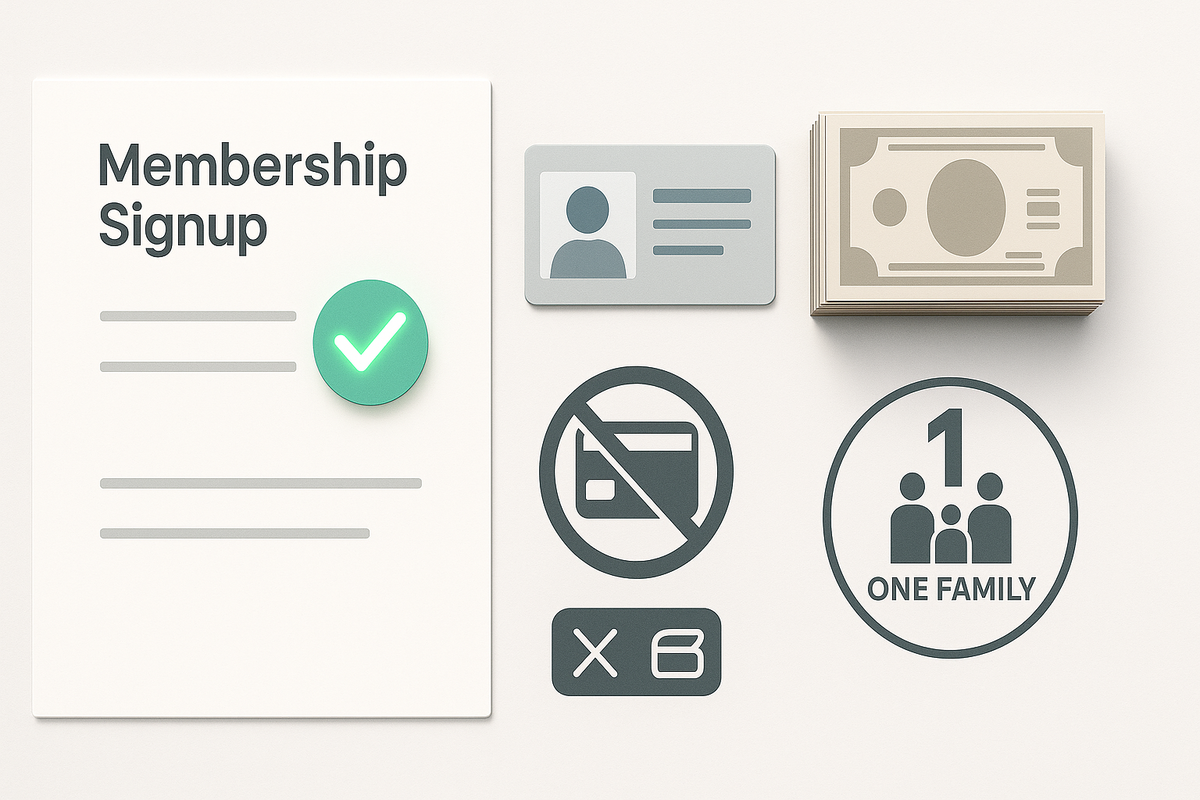 Membership signup with ID and cash only, card/e-money crossed out, one-per-family badge—COMG Switch2 purchase rules made clear—calm, protective, no-surprises energy