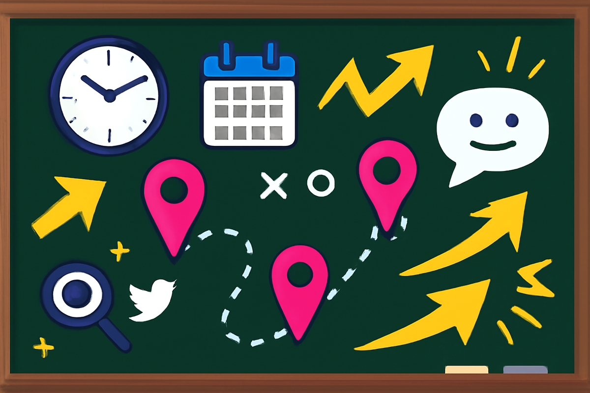 War-room chalkboard: early alarm, calendar, map pins, search lens, social feed alert, friendly chat—five pro tactics to win Switch2 at COMG—focused, upbeat hustle