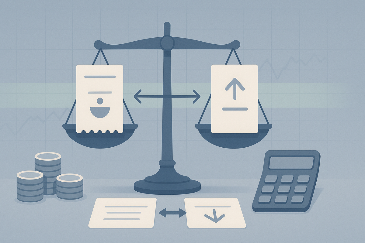 Fair-value balance scale—buy price vs trade-in offer with coins and calculator—how to judge a good used Switch2 deal at a glance—calm, data-driven confidence